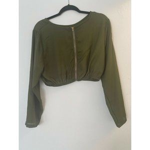 Women's Crop Top Long sleeve Green Full zip closure Round Neck Ribbed Hem